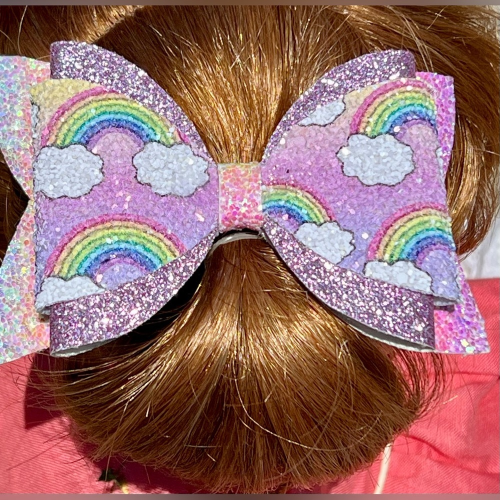 Boutique Custom Made Faux Leather Rainbow Print with Pink Glitter Hair Bow - Picture 6 of 6